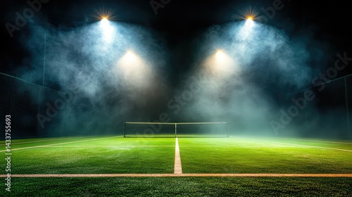 Tennis court under foggy atmosphere with strong spotlight and dramatic shadows