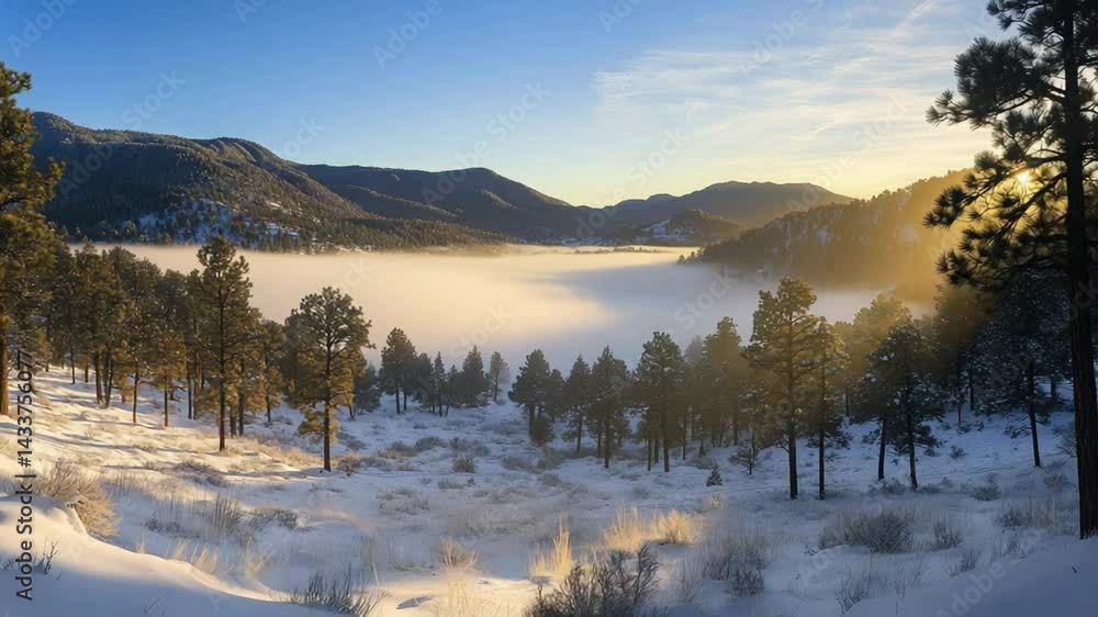 Winter Landscape with Misty Valley and Mountain Backdrop at Sunrise or Sunset Winter Landscape with Misty Valley and Mountain Backdrop at Sunrise or Sunset