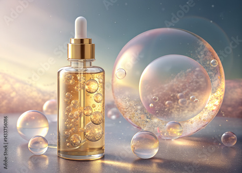 Cosmetic oil or Cosmetic Essence, Liquid Oil bubble background, 3d rendering