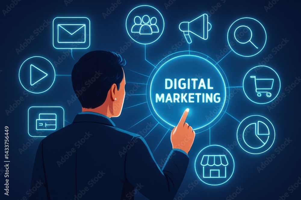 A person interacts with digital marketing elements, highlighting various online strategies and tools for effective communication and engagement. A person interacts with digital marketing elements, highlighting various online strategies and tools for effective communication and engagement.