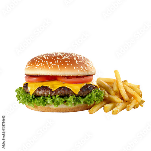 Cheeseburger and French Fries on Transparent Background