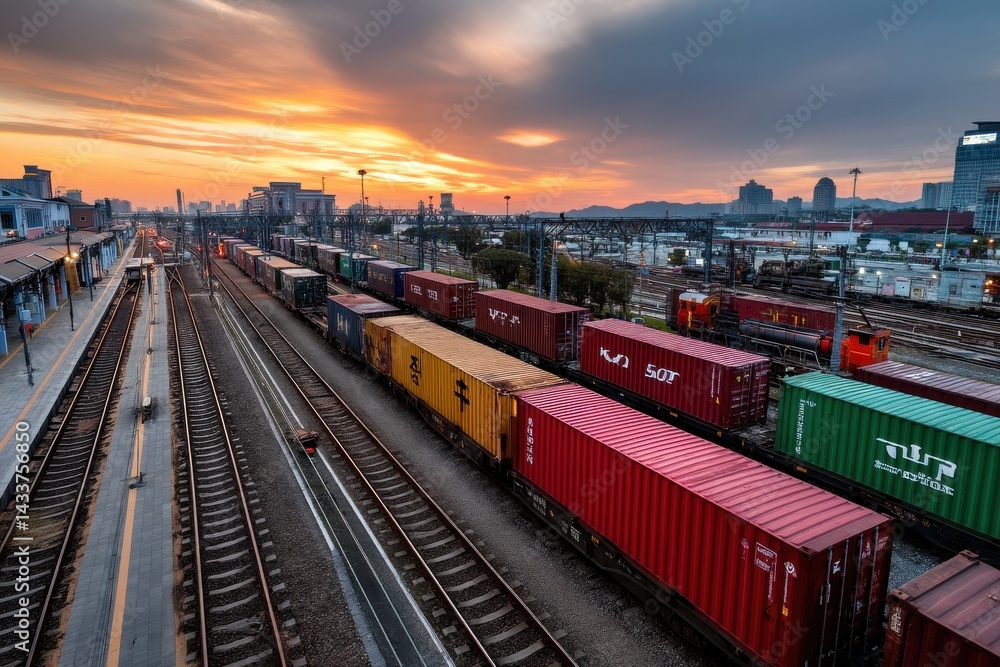 Fototapeta premium Train Yard with Cargo Containers at Sunrise/Sunset