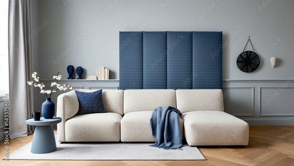 Fototapeta premium Modern Living Room with White Sectional and Blue Accents 