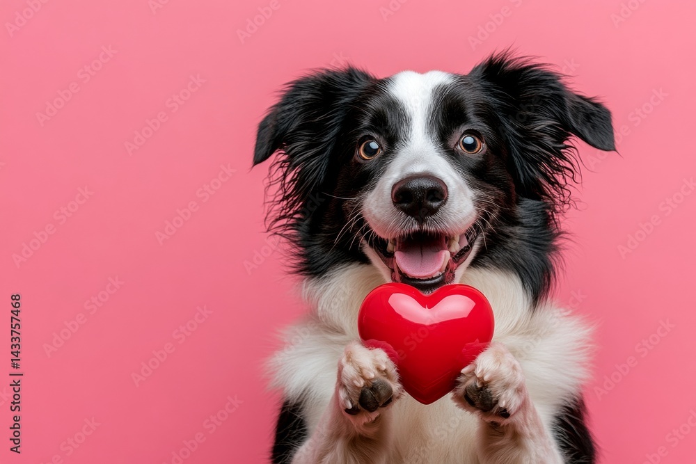 Cute australian shepherd canine with diamond red heart - sign of love, funny greeting card. Marketing visual image. Australian shepherd - my treasured dog. Valentine's dog photography. Cute australian shepherd canine with diamond red heart - sign of love, funny greeting card. Marketing visual image. Australian shepherd - my treasured dog. Valentine's dog photography.