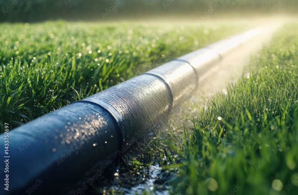 A black hose lays in a field of green grass, water dripping from it A black hose lays in a field of green grass, water dripping from it