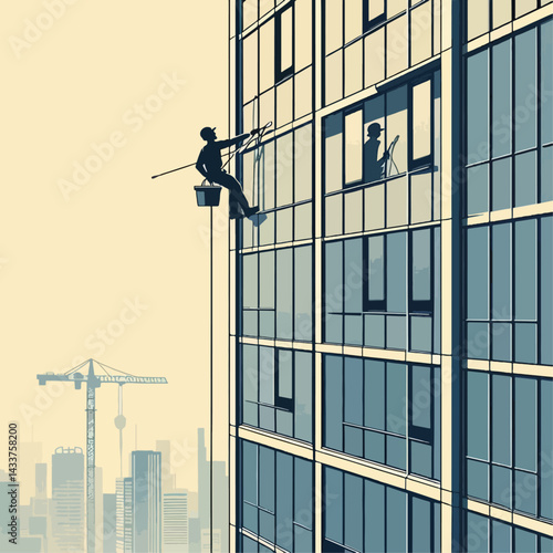 A window cleaner at work on a tall building in a city.