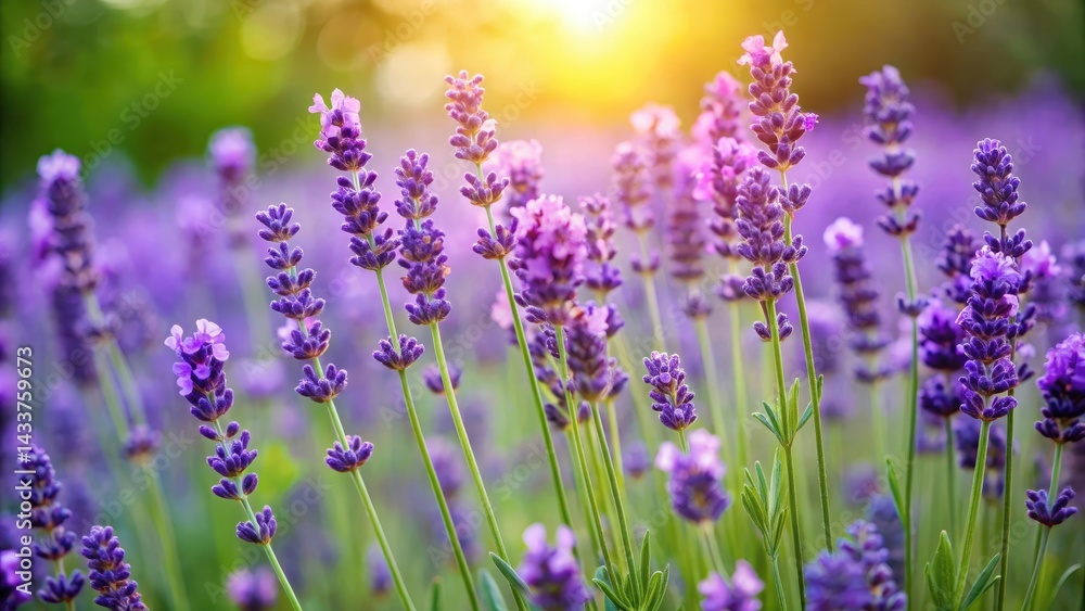 Naklejka premium Delicate purple flowers of lavender plant in a garden, therapeutic herbs