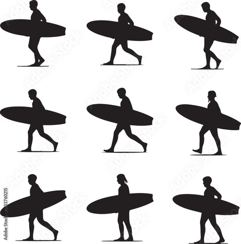 Nine Silhouettes of Surfers Walking with Surfboards
