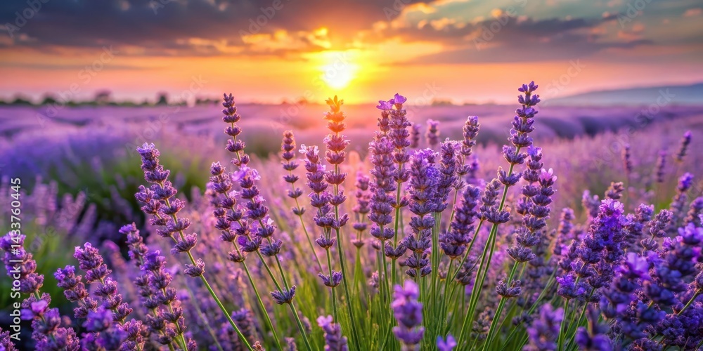 Naklejka premium Fresh lavender flowers in a field at sunrise, flower fields, outdoor, flower fields
