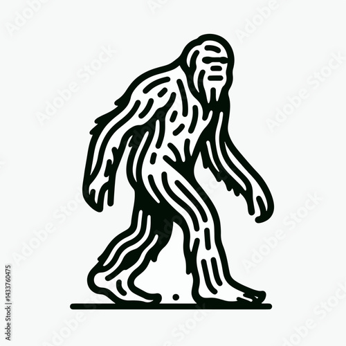 A captivating black and white line art illustration of the legendary Bigfoot.