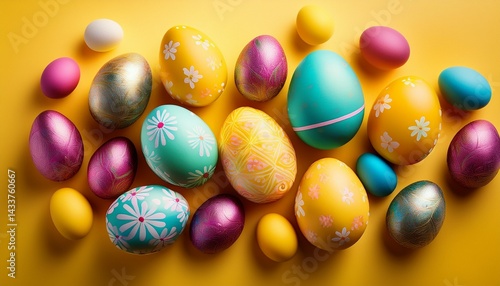 bright easter eggs in yellow background