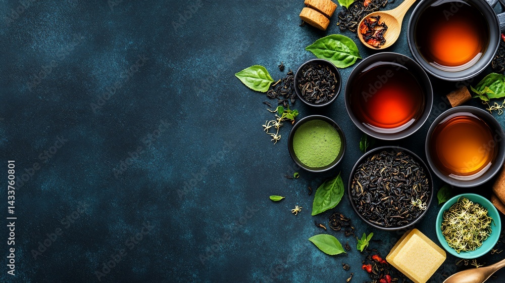 Assorted tea varieties and ingredients arranged on a dark background Assorted tea varieties and ingredients arranged on a dark background
