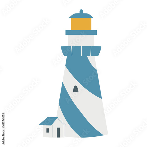 A blue and white lighthouse isolated illustration.  A coastal with a Beacon.