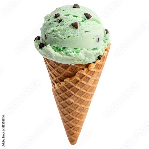 Delightful mint chocolate chip ice cream cone served in a waffle cone
