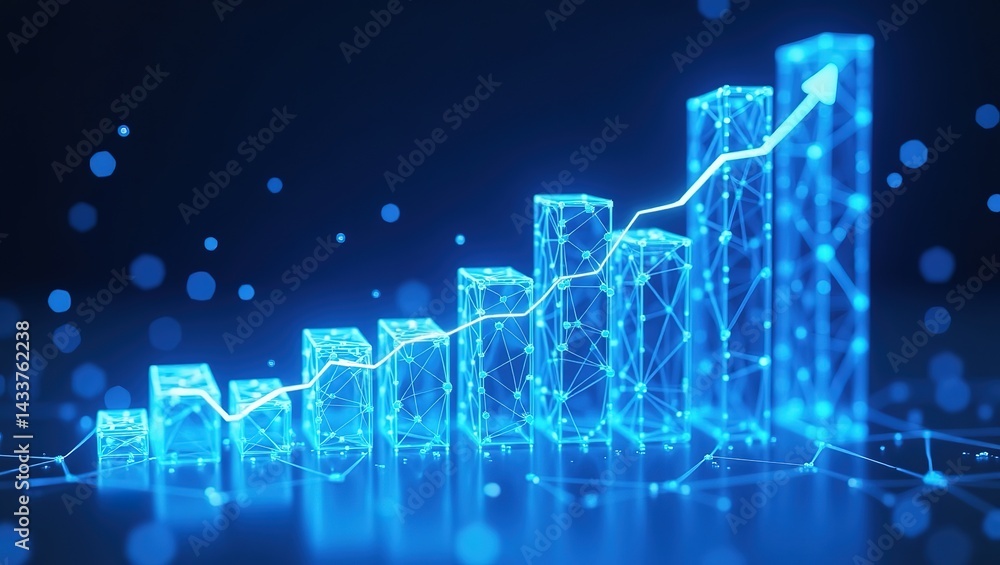 Bright Blue Abstract Growth Graph in Low Poly Wireframe Style Bright Blue Abstract Growth Graph in Low Poly Wireframe Style