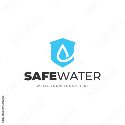 Shield logo accompanied drops of water. Shield water logo.