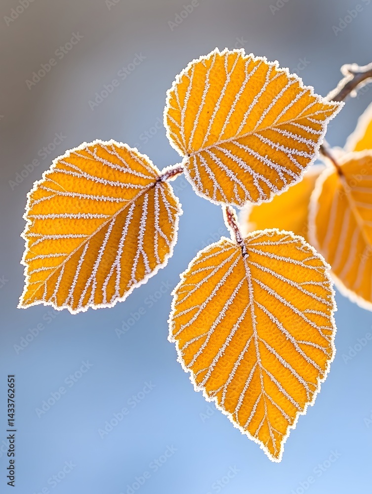 Fototapeta premium Three frost-covered, yellow leaves on a branch against a soft blue backdrop