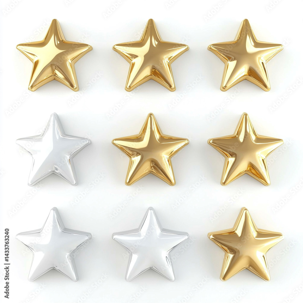 Glossy 3D star rating stickers isolated on white background Glossy 3D star rating stickers isolated on white background
