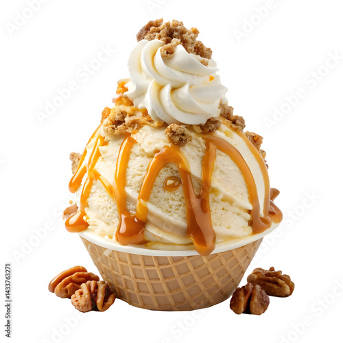 Fotografia Delicious ice cream sundae topped with caramel and nuts served in a cup