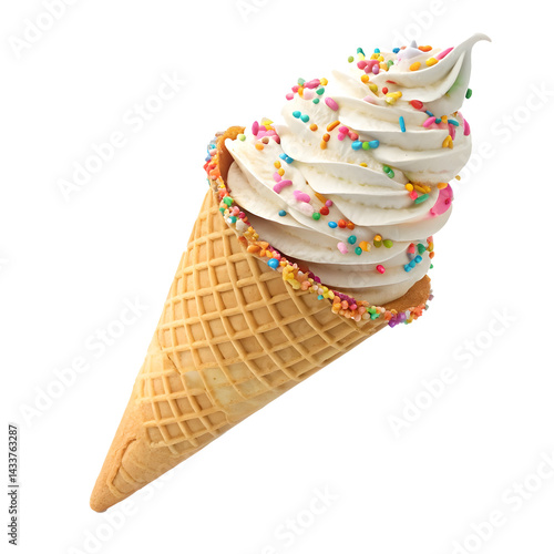Billede på lærred Soft serve ice cream cone with colorful sprinkles on a sunny day