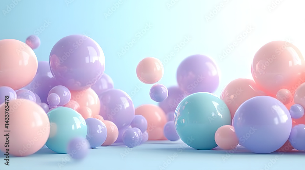 Abstract pastel spheres composition in soft colors, with floating glossy and matte balls on minimal background, creating a playful, dreamy and modern 3D design.