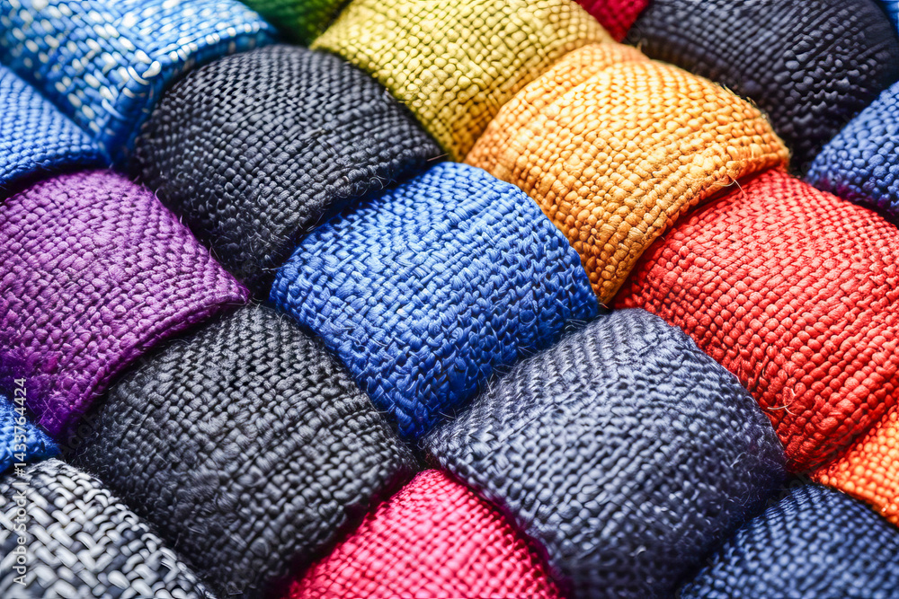 Colorful rolls of woven fabric creating a textured and vibrant background Colorful rolls of woven fabric creating a textured and vibrant background