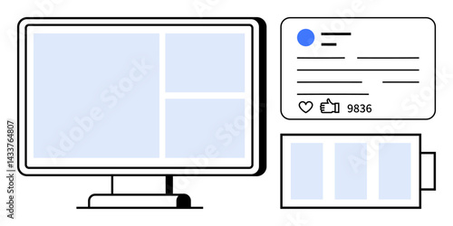 Desktop monitor with grid-style interface, social media post elements, and analytics dashboard. Ideal for web design, social media strategy, digital marketing, analytics, content creation, online