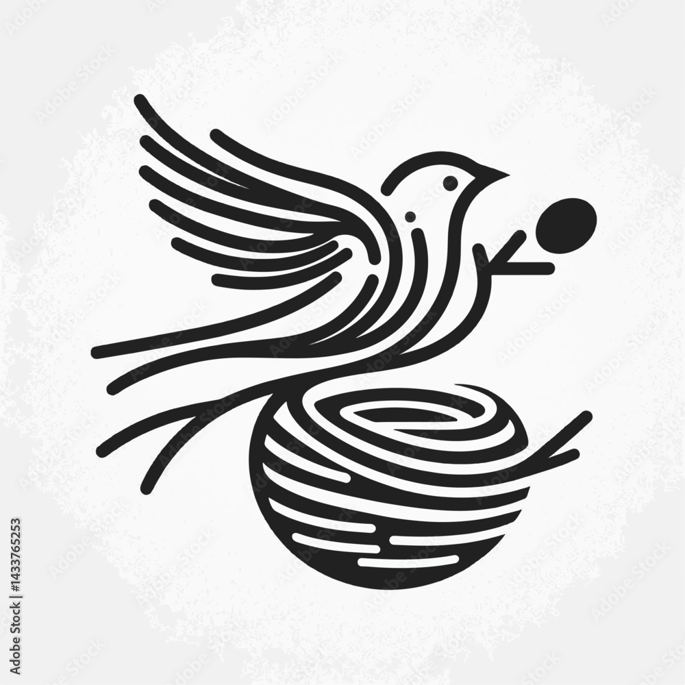 Obraz premium A stylized image of a bird leaving its nest, carrying a seed/egg.
