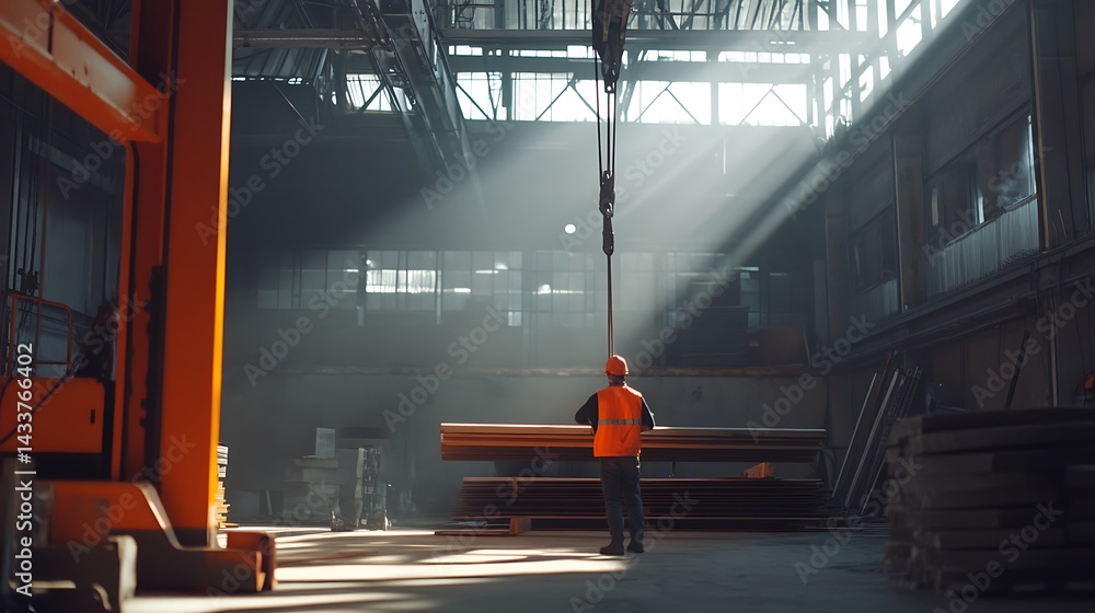 Worker in Industrial Setting with Crane Lifting Steel Beams