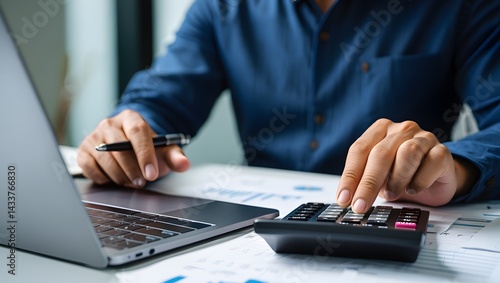 Close up businessman hand using calculator to budgeting and tax calculation monthly expenses. budget management and accounting on table. Business finance accounting banking concept.
