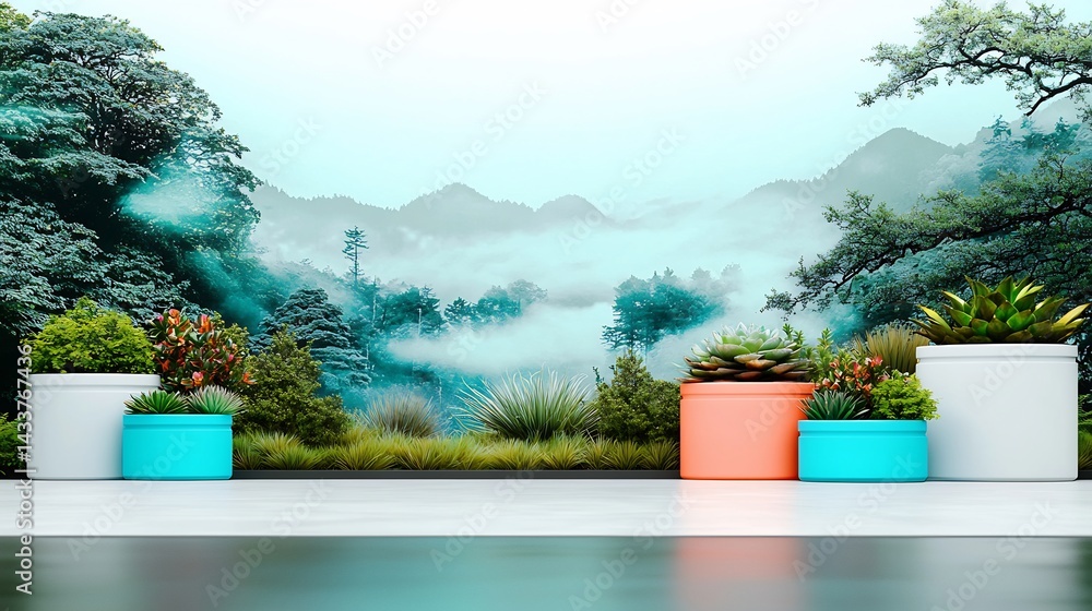 Naklejka premium Modern garden display with plants and a misty mountain backdrop