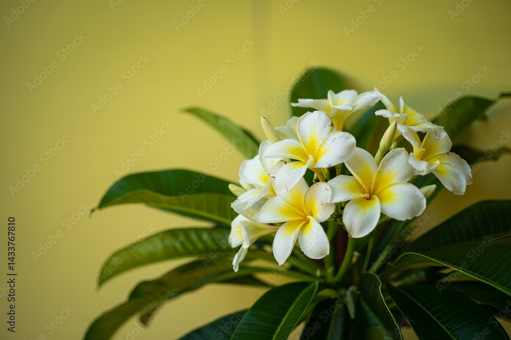 Obraz premium Close-Up of White and Yellow Plumeria Blooms Against Bright Yellow Background With Leaves