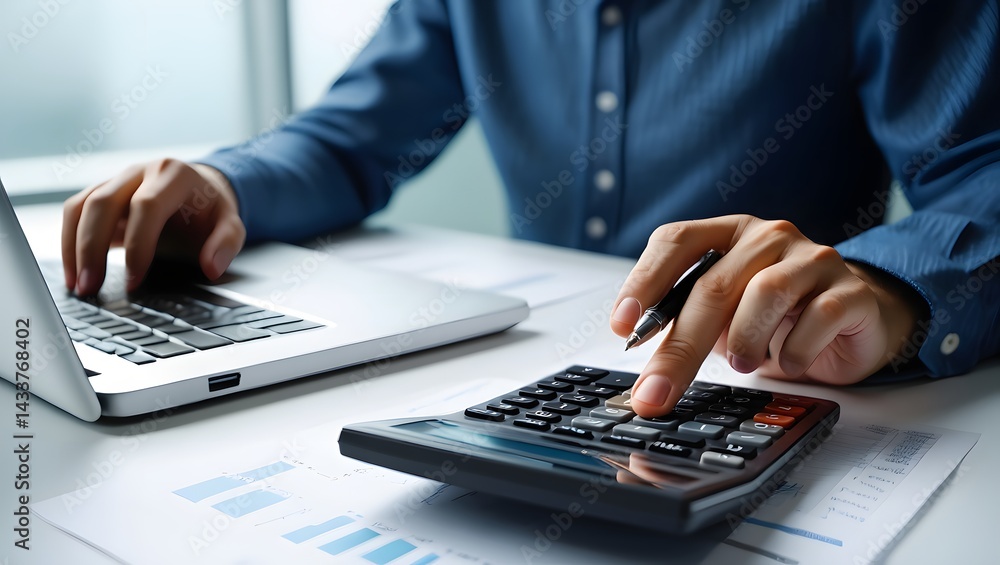 Close up businessman hand using calculator to budgeting and tax calculation monthly expenses. budget management and accounting on table. Business finance accounting banking concept. Close up businessman hand using calculator to budgeting and tax calculation monthly expenses. budget management and accounting on table. Business finance accounting banking concept.