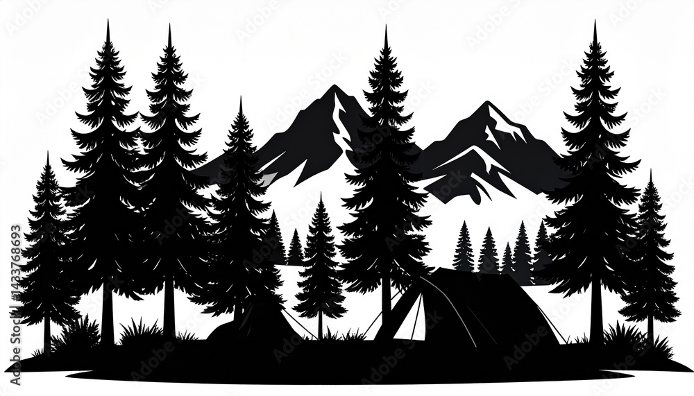Obraz premium Black silhouette of mountains and fir trees camping adventure wildlife landscape 