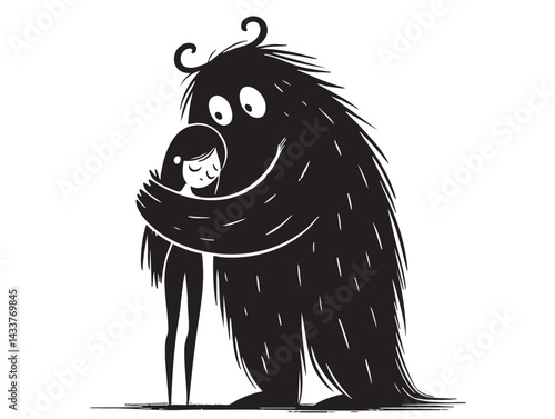 Depressed girl with scary monster shadow behind. Depression, psychological disorder, mental health, anxiety, loneliness concept. Hand Drawn character vector design Illustration