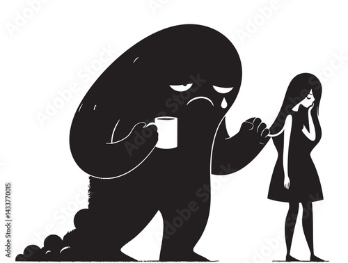 Depressed girl with scary monster shadow behind. Depression, psychological disorder, mental health, anxiety, loneliness concept. Hand Drawn character vector design Illustration