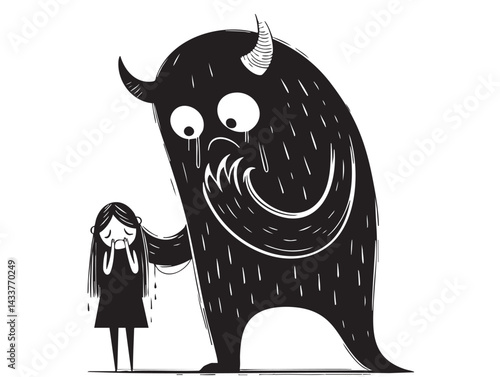 Depressed girl with scary monster shadow behind. Depression, psychological disorder, mental health, anxiety, loneliness concept. Hand Drawn character vector design Illustration