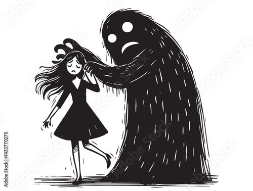 Depressed girl with scary monster shadow behind. Depression, psychological disorder, mental health, anxiety, loneliness concept. Hand Drawn character vector design Illustration