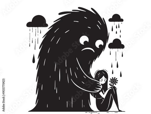 Depressed girl with scary monster shadow behind. Depression, psychological disorder, mental health, anxiety, loneliness concept. Hand Drawn character vector design Illustration