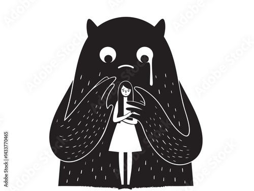 Depressed girl with scary monster shadow behind. Depression, psychological disorder, mental health, anxiety, loneliness concept. Hand Drawn character vector design Illustration