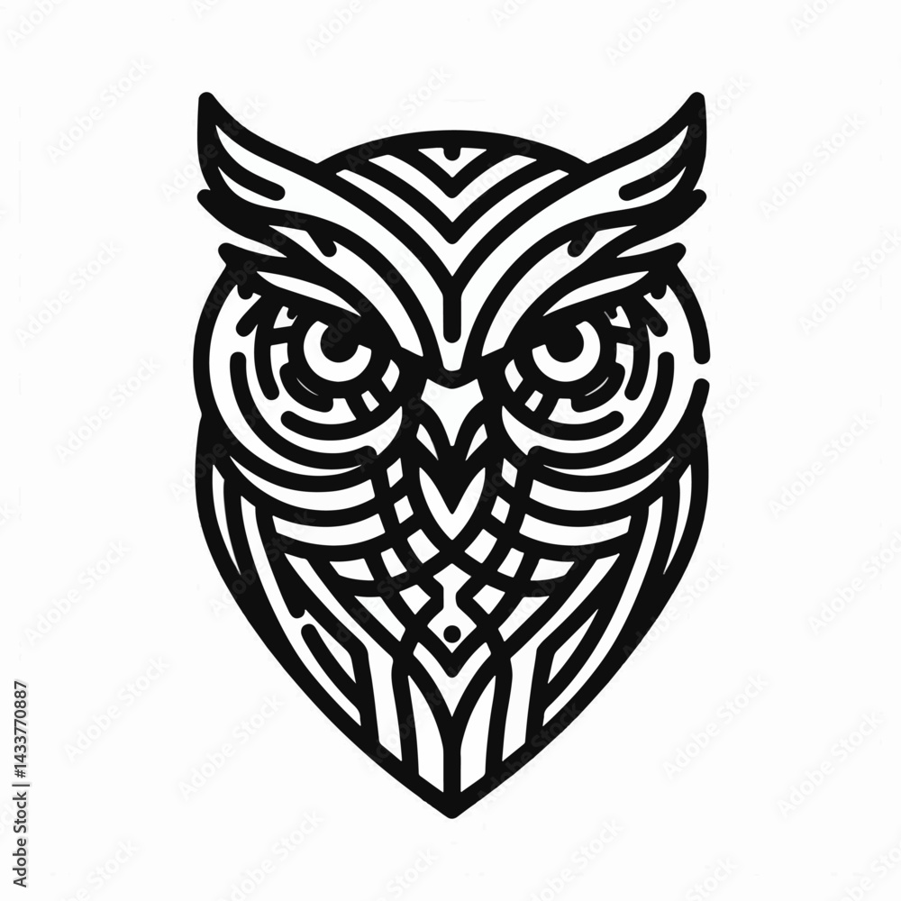 Naklejka premium A stylized, geometrically-patterned graphic of an owl's head.