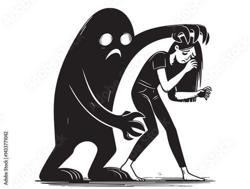 Depressed girl with scary monster shadow behind. Depression, psychological disorder, mental health, anxiety, loneliness concept. Hand Drawn character vector design Illustration