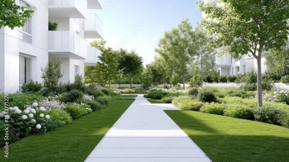 Naklejka premium Modern apartment complex with landscaped courtyard. Lush greenery surrounds a paved walkway, leading through the heart of the development, between white buildings