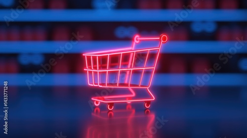 Wallpaper Mural A glowing neon shopping cart illustration on a reflective surface, set against a blurred background of shelves, symbolizing online retail and modern shopping. Torontodigital.ca