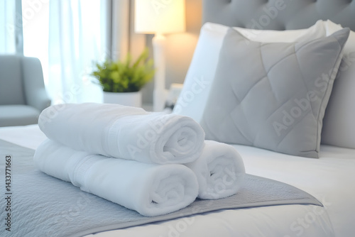 Soft and elegant bedding with spa towels for home comfort and travel accommodation themes