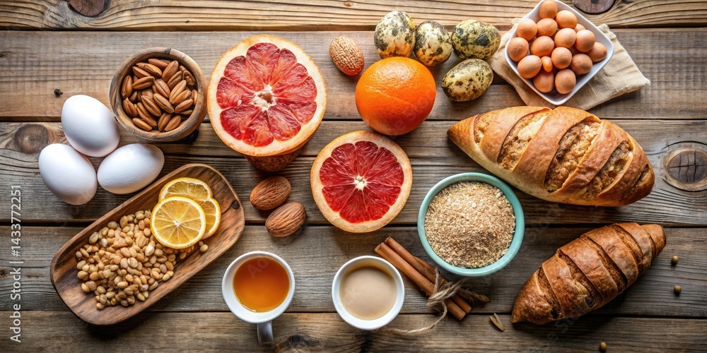 Healthy Breakfast: Grapefruit, Nuts, Eggs & Fresh Bakery - Top View Food Photography Healthy Breakfast: Grapefruit, Nuts, Eggs & Fresh Bakery - Top View Food Photography