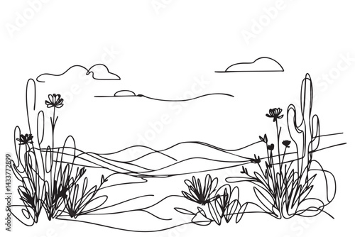 line sketch simple fields futuristic landscape with black flat Wild prickly flowers