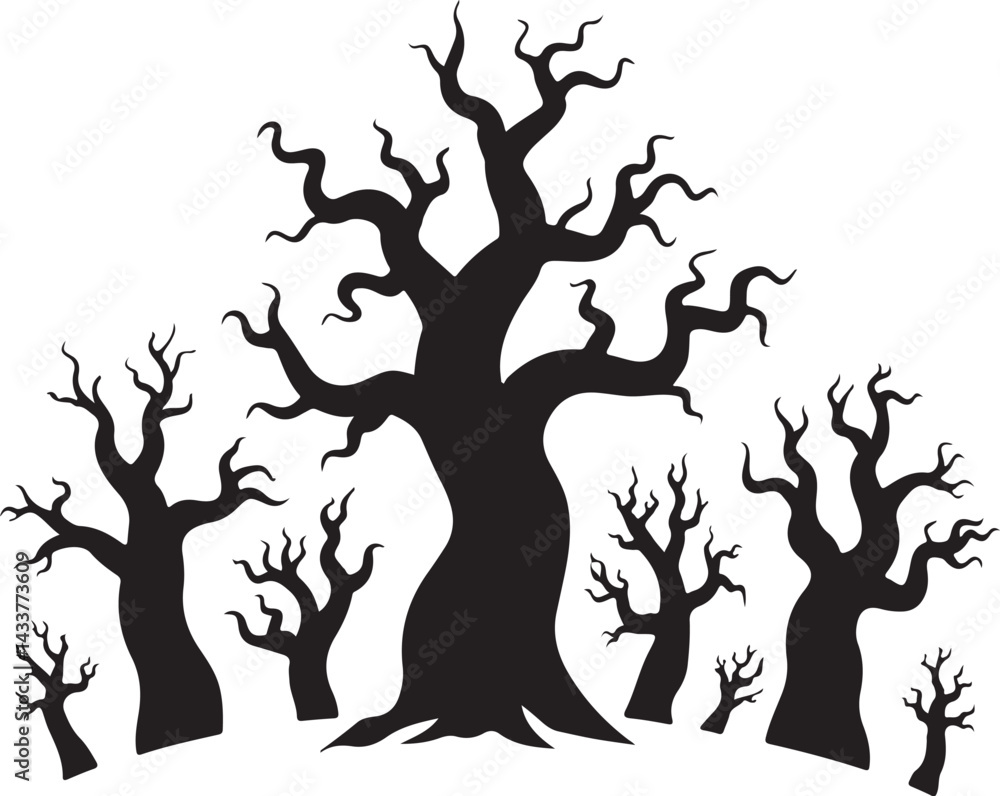 Spooky Silhouette of Twisted Dead Trees Halloween Design Spooky Silhouette of Twisted Dead Trees Halloween Design