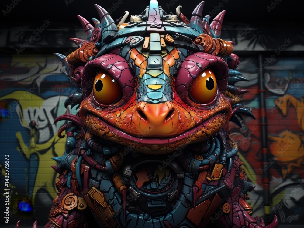 Fototapeta premium A vibrant, stylized creature with colorful scales and mechanical elements, set against a graffiti backdrop, exuding a whimsical yet fierce personality.