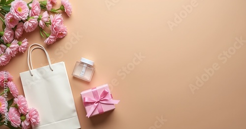 Elegant flat lay with gift boxes, shopping bag and pink flowers on beige background. Holiday, celebration and shopping concept with copy space, suitable for marketing, sales and seasonal promotions.
